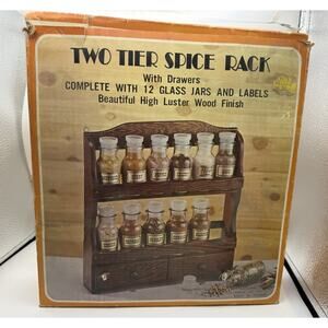 Vintage Apothecary Glass Spice Jars And Wood Rack 12 Bottles NIB With Labels